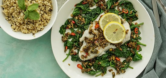 Recept van het Voedingscentrum: Mahi met dukkah en geurige bulgur