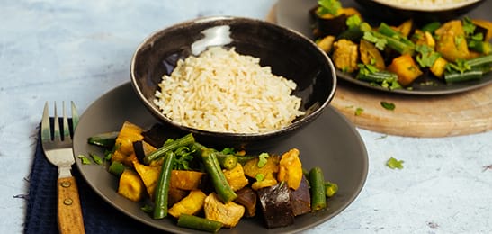 Recept van het Voedingscentrum: Varkensvleescurry met aubergine en rijst