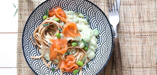 Recept van het Voedingscentrum: Spaghetti met tuinboontjes en zalm