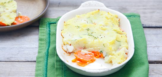 Recept van het Voedingscentrum: Ovenschotel van vis met wortel en aardappelpuree